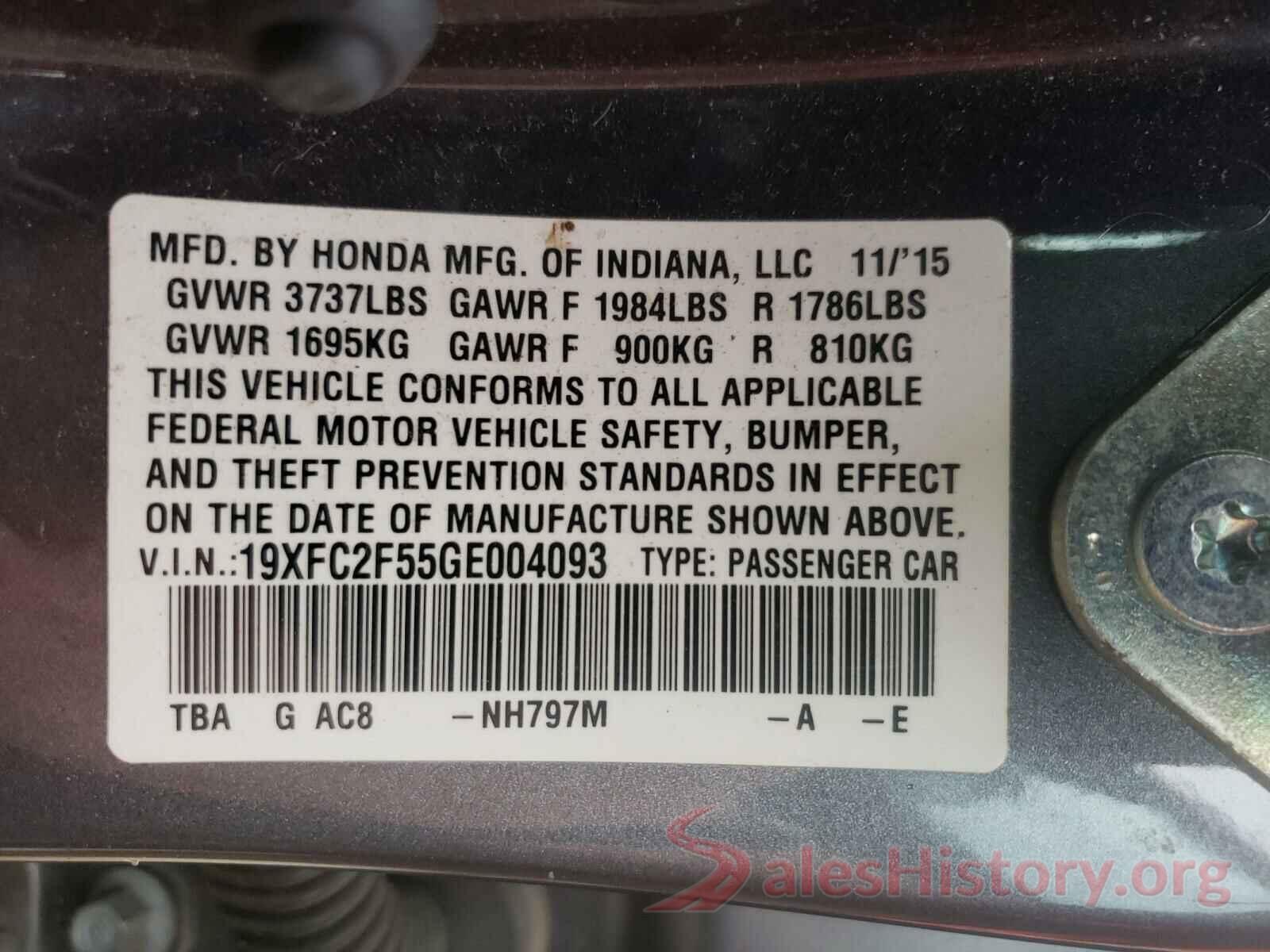 19XFC2F55GE004093 2016 HONDA CIVIC