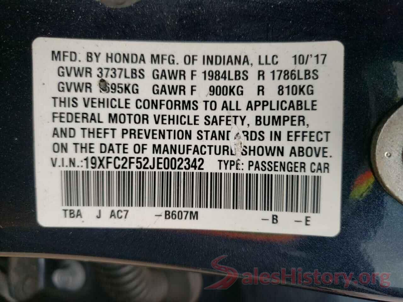 19XFC2F52JE002342 2018 HONDA CIVIC