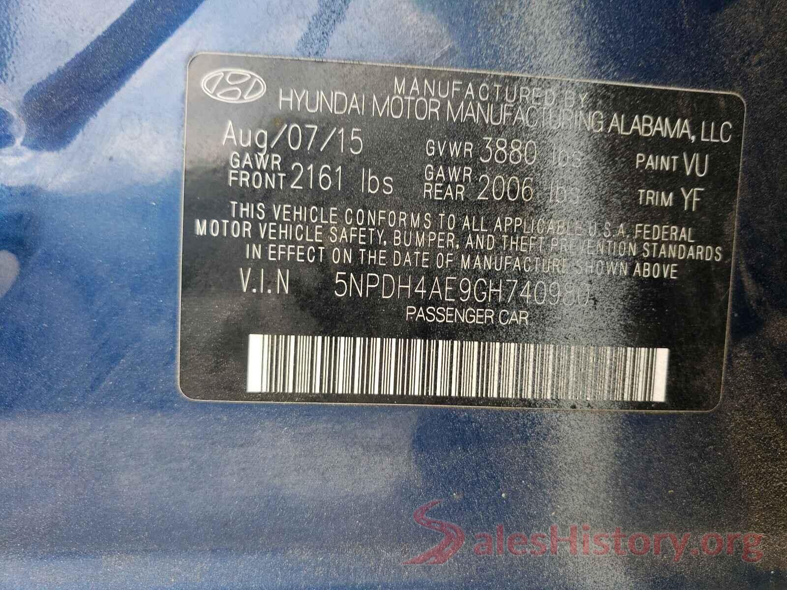 5NPDH4AE9GH740P80 2016 HYUNDAI ELANTRA