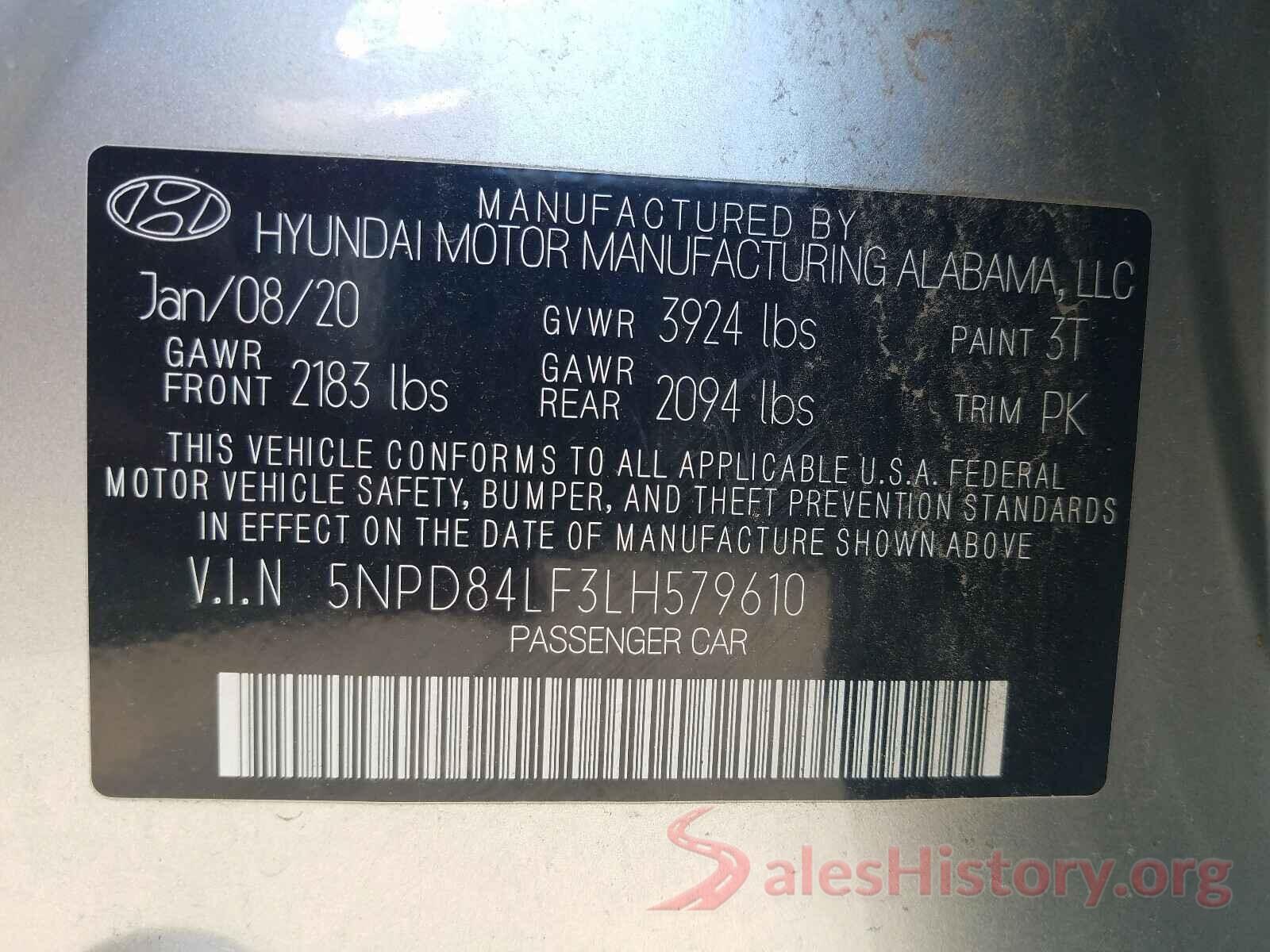 5NPD84LF3LH579610 2020 HYUNDAI ELANTRA