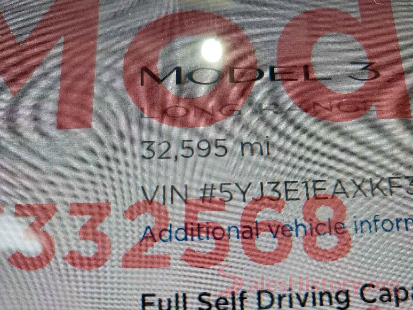 5YJ3E1EAXKF332568 2019 TESLA MODEL 3