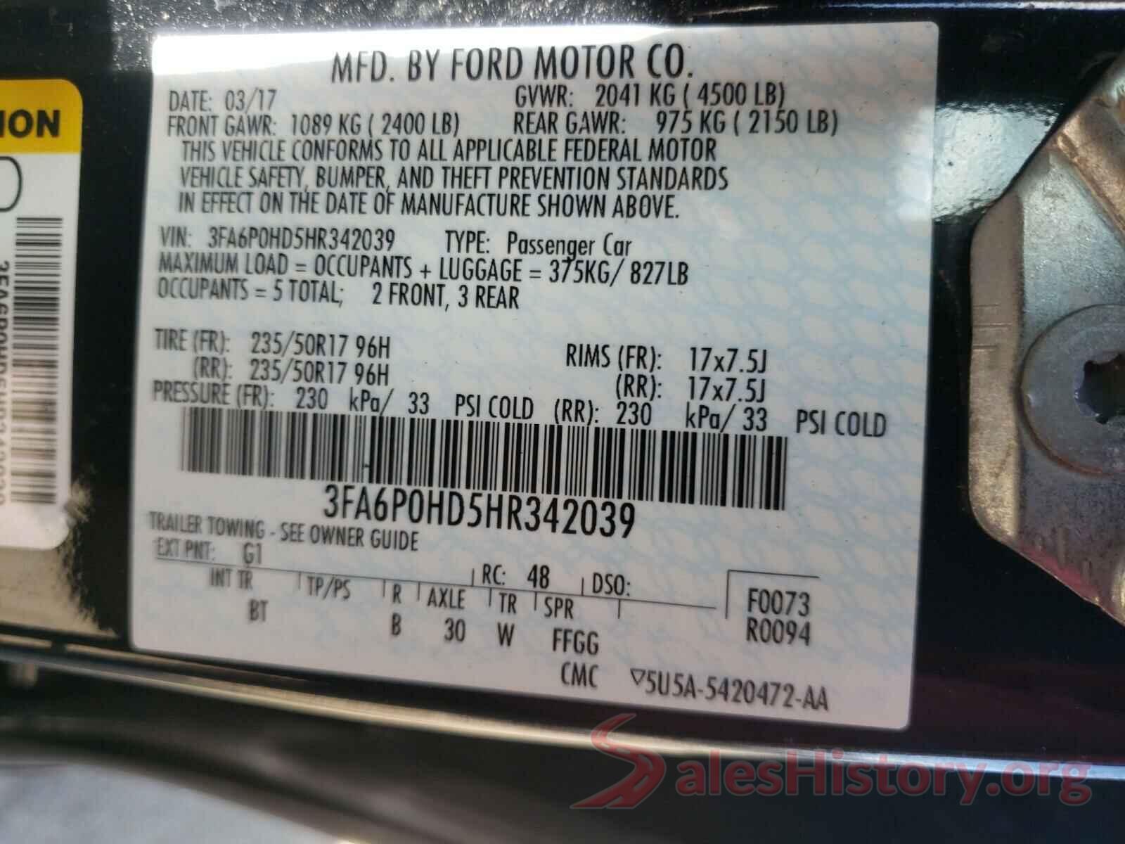 3FA6P0HD5HR342039 2017 FORD FUSION