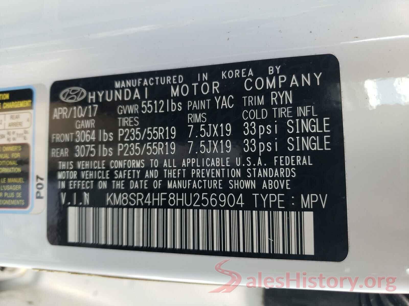 KM8SR4HF8HU256904 2017 HYUNDAI SANTA FE