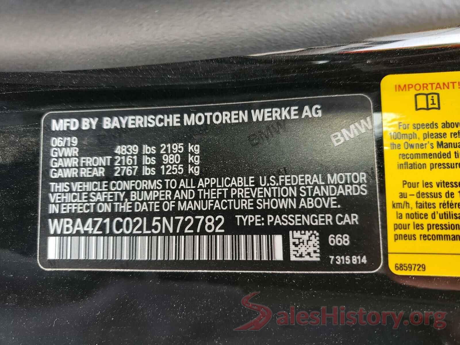 WBA4Z1C02L5N72782 2020 BMW 4 SERIES