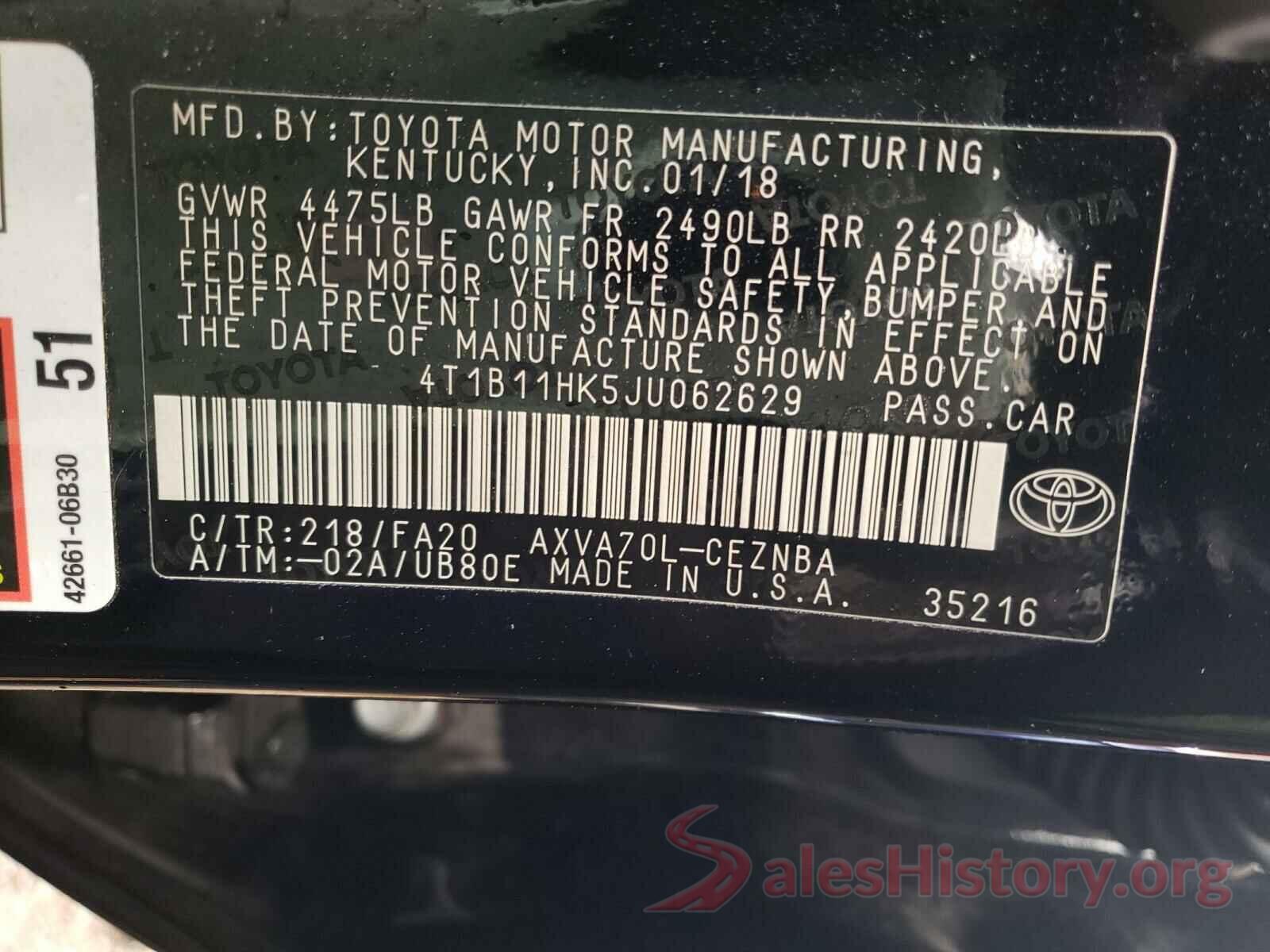 4T1B11HK5JU062629 2018 TOYOTA CAMRY