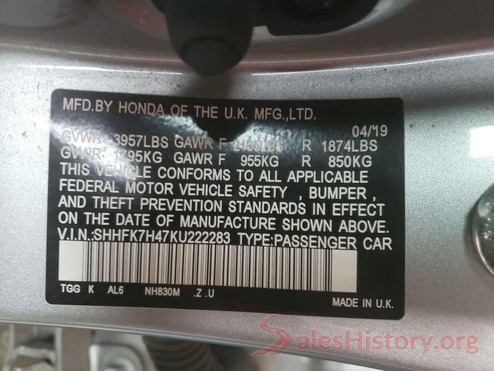 SHHFK7H47KU222283 2019 HONDA CIVIC