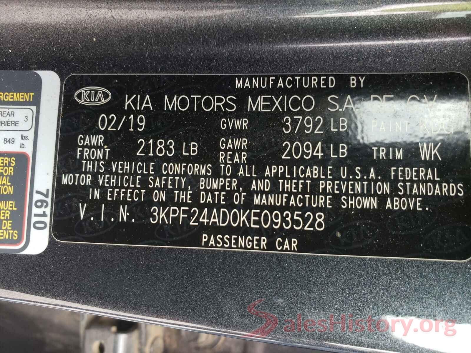 3KPF24AD0KE093528 2019 KIA FORTE