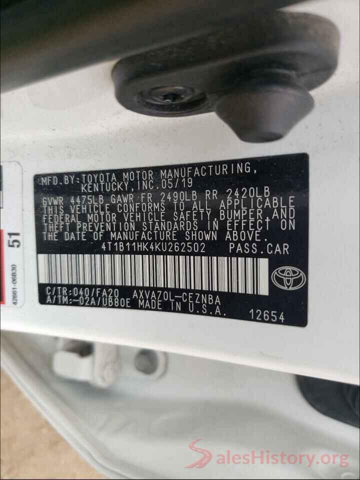 4T1B11HK4KU262502 2019 TOYOTA CAMRY