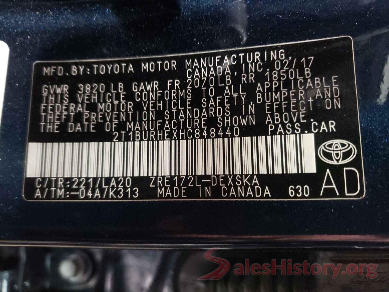 2T1BURHEXHC848440 2017 TOYOTA COROLLA