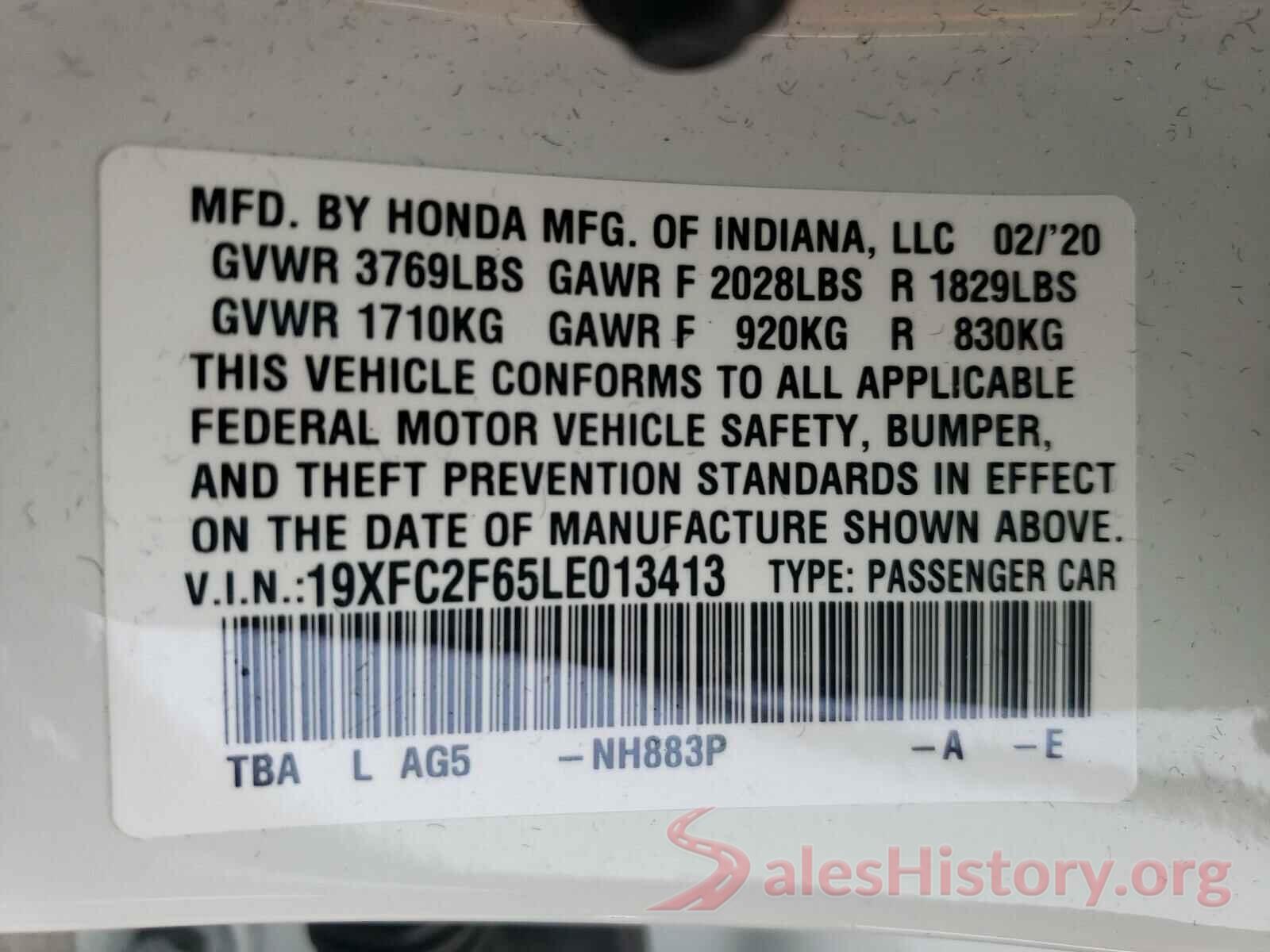 19XFC2F65LE013413 2020 HONDA CIVIC