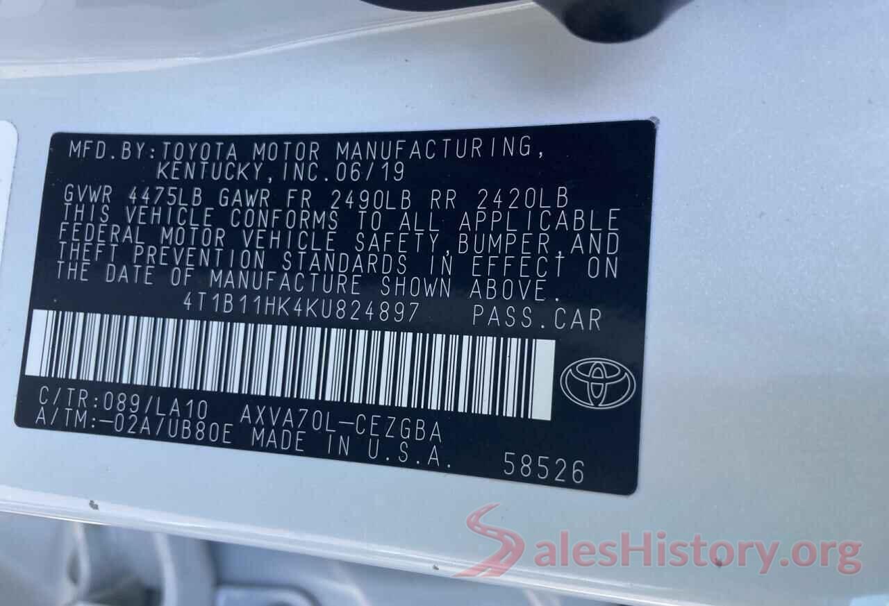 4T1B11HK4KU824897 2019 TOYOTA CAMRY