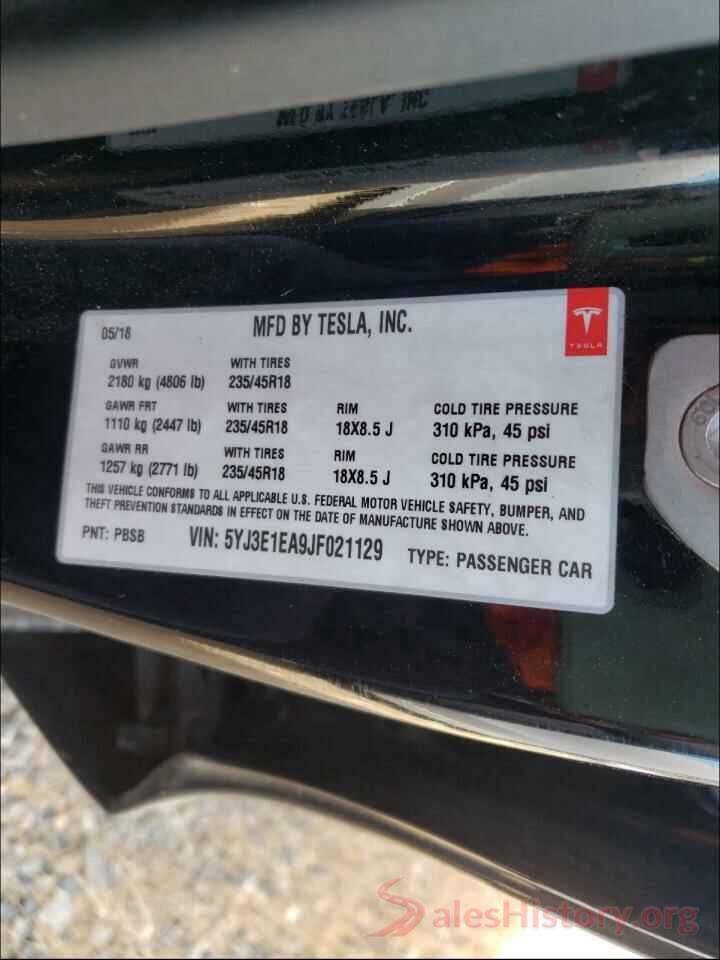 5YJ3E1EA9JF021129 2018 TESLA MODEL 3