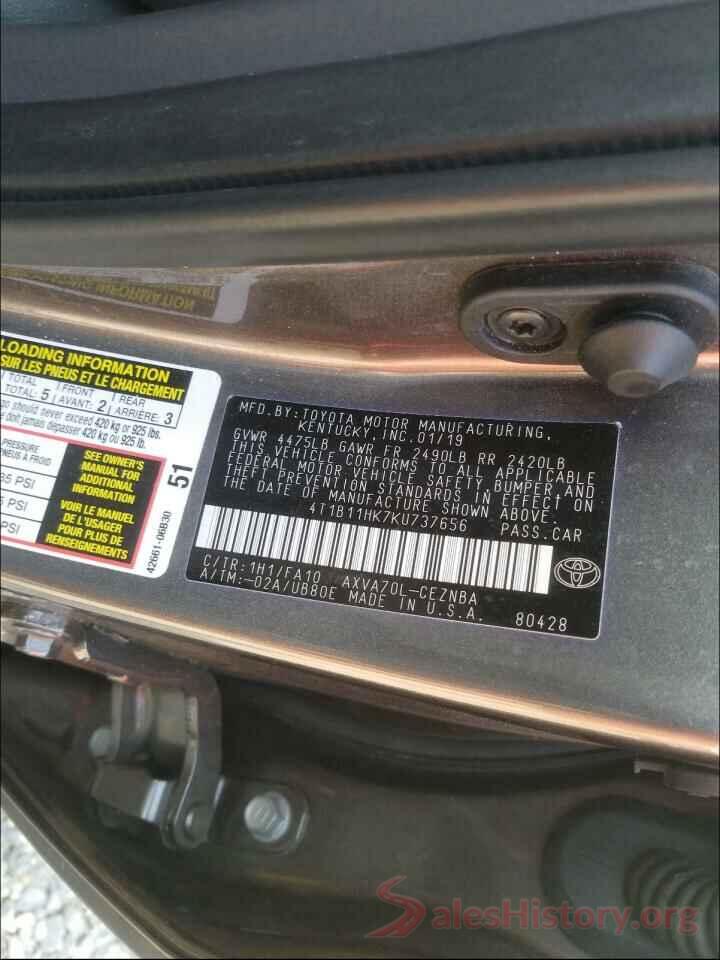 4T1B11HK7KU737656 2019 TOYOTA CAMRY