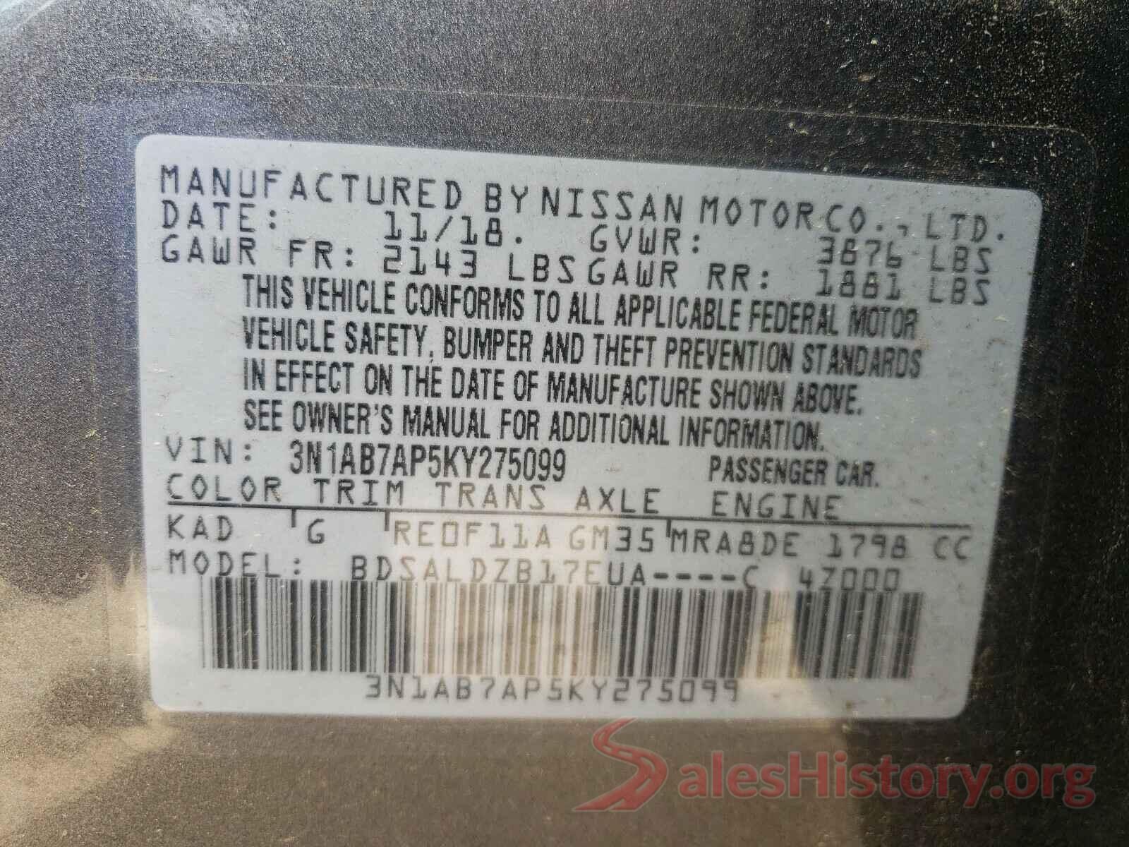 3N1AB7AP5KY275099 2019 NISSAN SENTRA