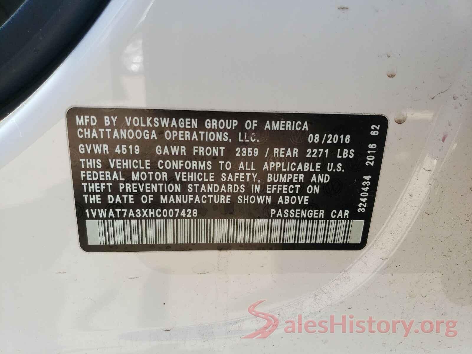 1VWAT7A3XHC007428 2017 VOLKSWAGEN PASSAT