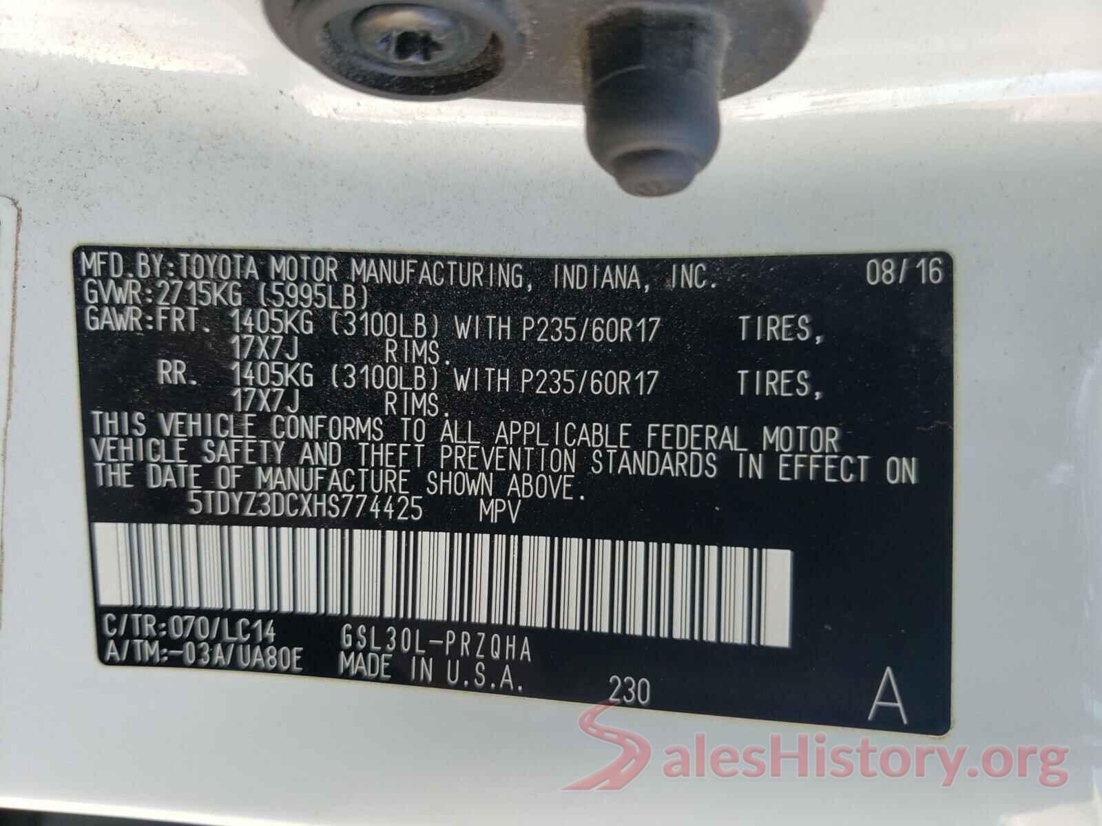 5TDYZ3DCXHS774425 2017 TOYOTA SIENNA