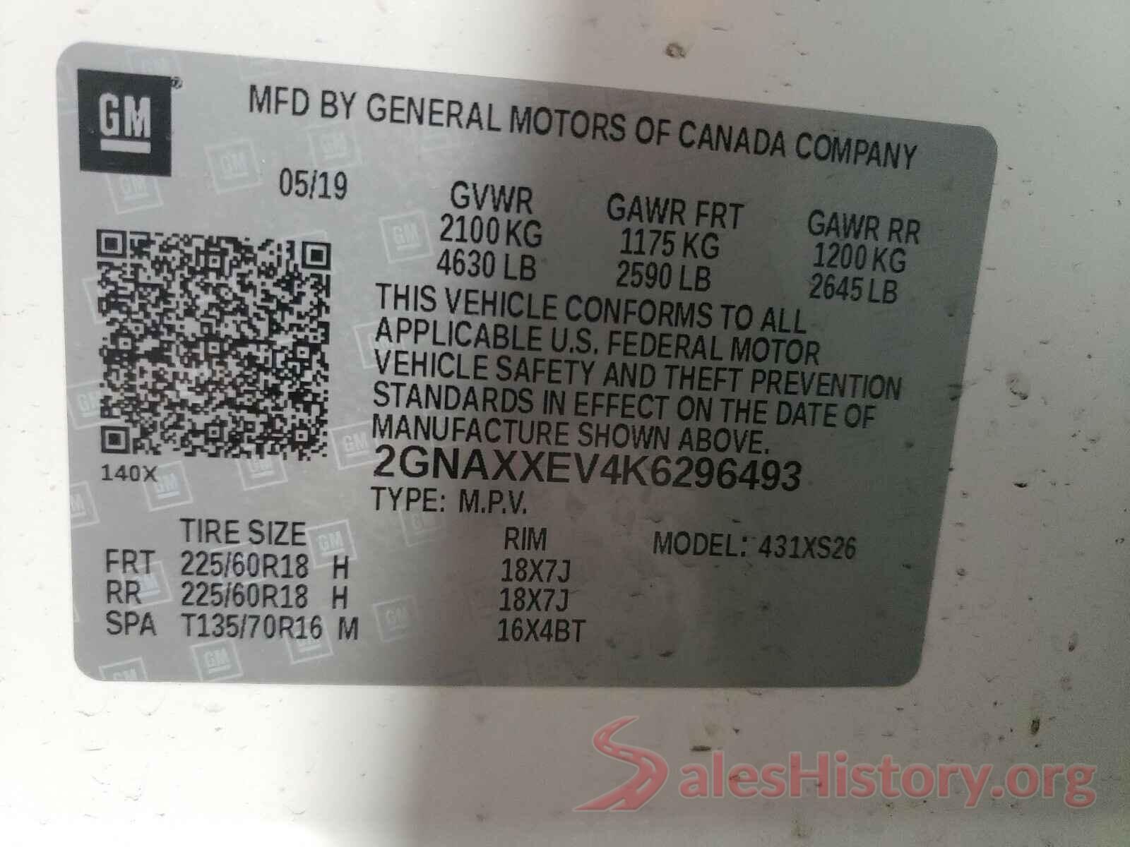 2GNAXXEV4K6296493 2019 CHEVROLET EQUINOX