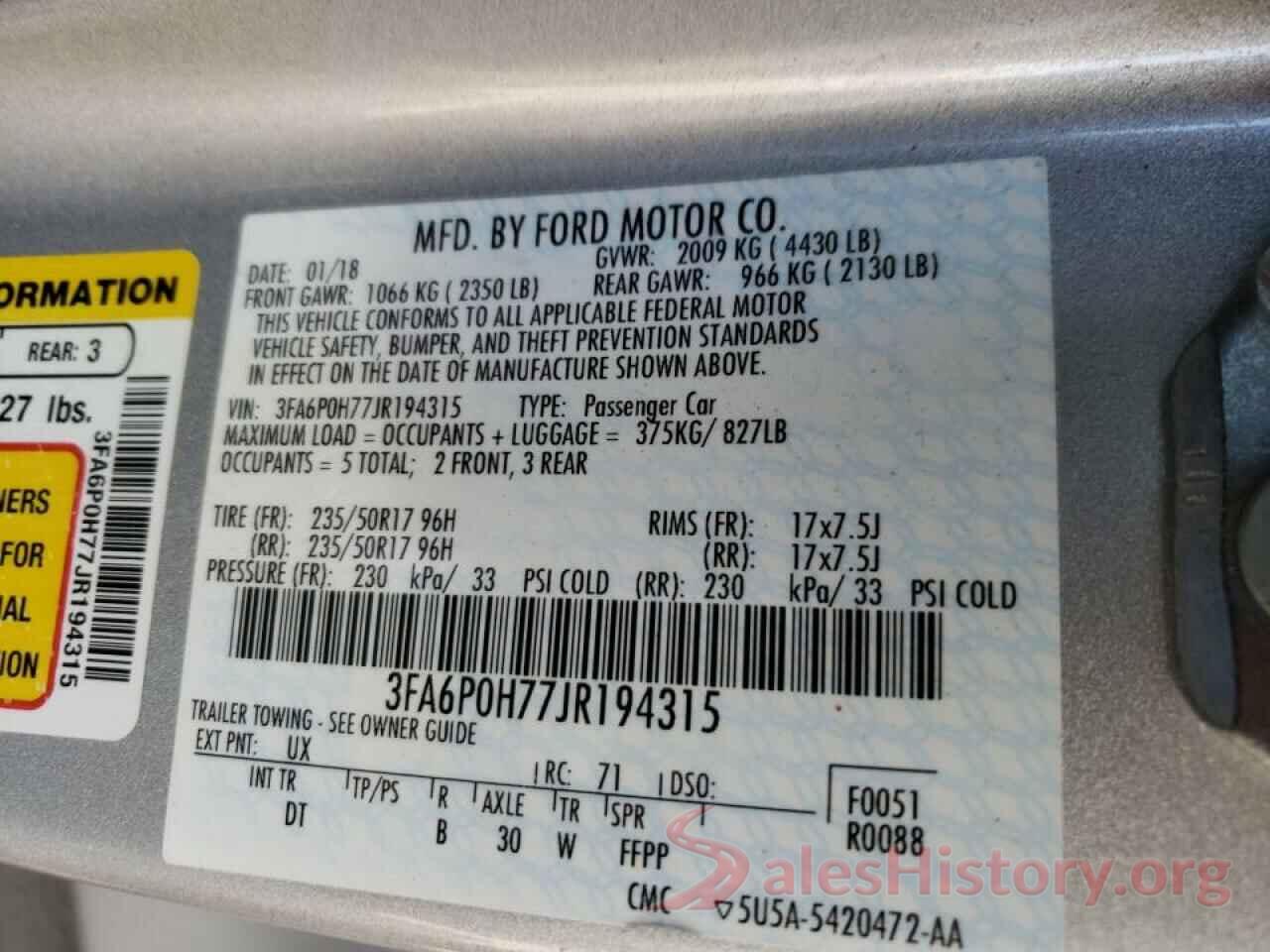 3FA6P0H77JR194315 2018 FORD FUSION