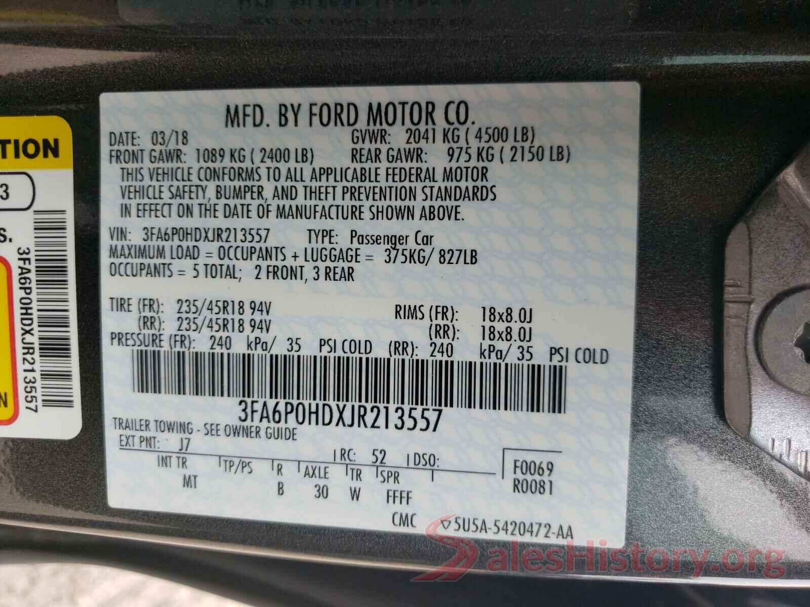 3FA6P0HDXJR213557 2018 FORD FUSION