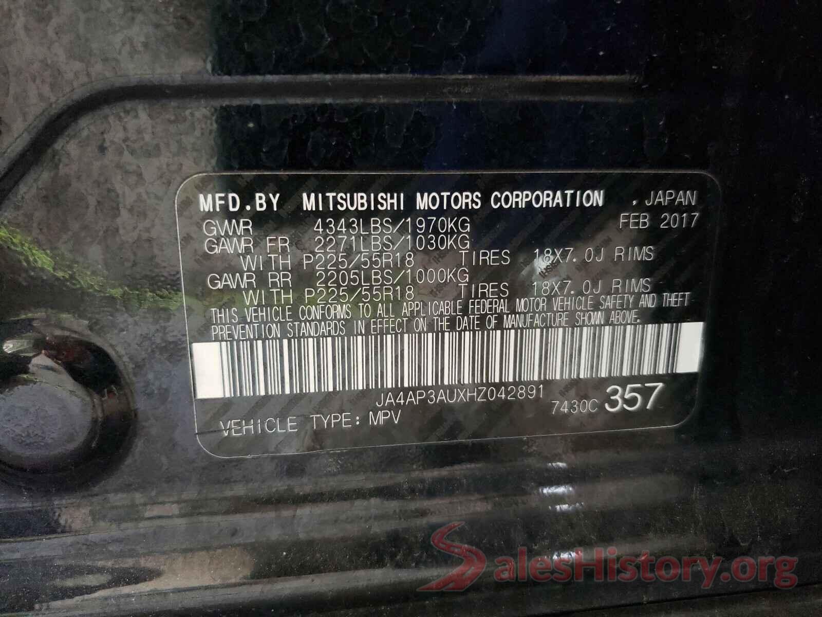 JA4AP3AUXHZ042891 2017 MITSUBISHI OUTLANDER