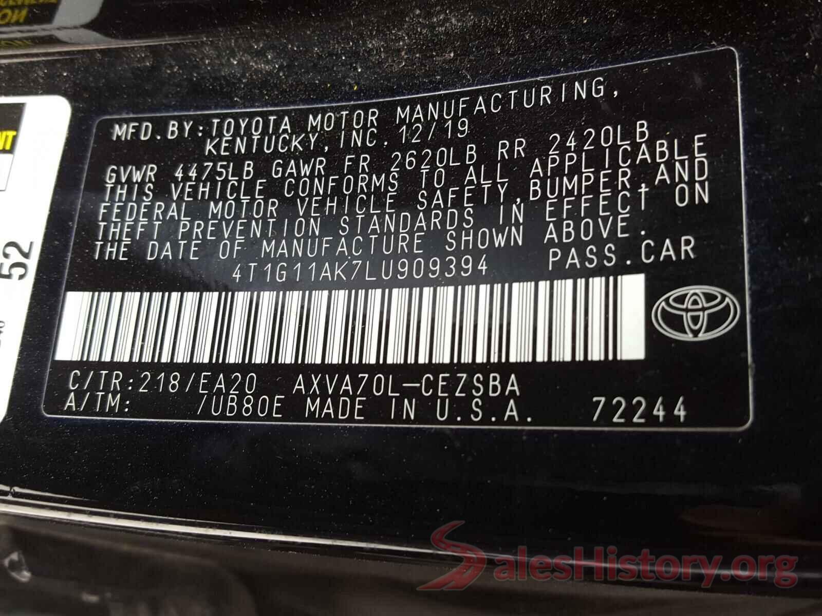 4T1G11AK7LU909394 2020 TOYOTA CAMRY