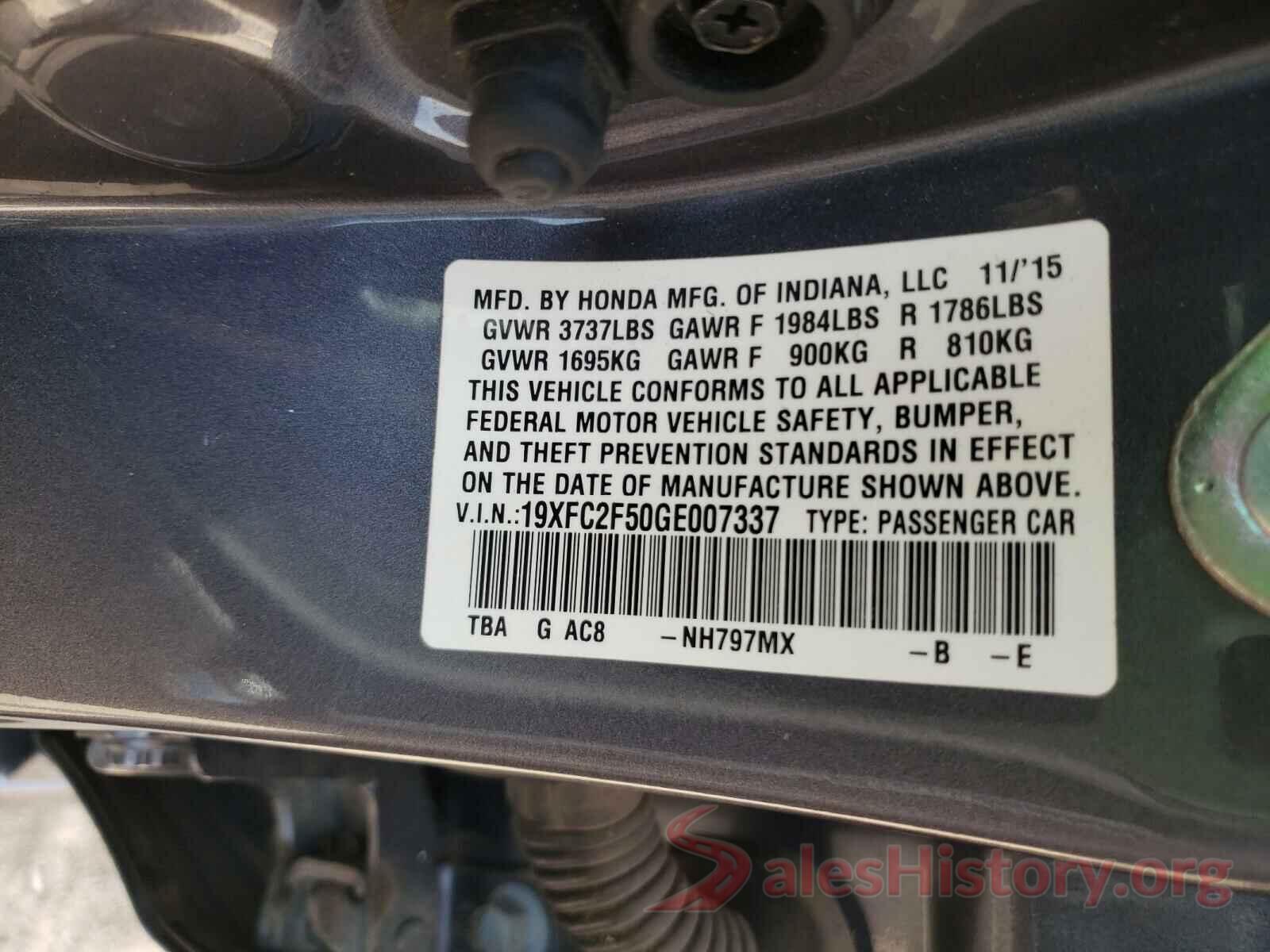 19XFC2F50GE007337 2016 HONDA CIVIC