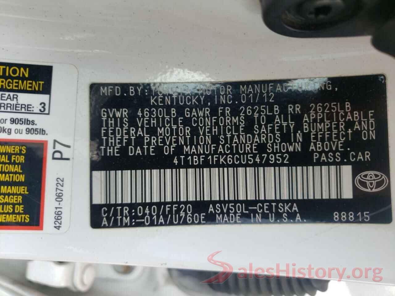 4T1BF1FK6CU547952 2012 TOYOTA CAMRY