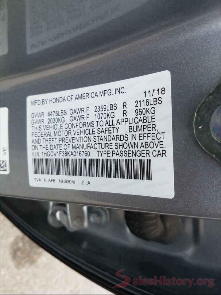 1HGCV1F38KA016760 2019 HONDA ACCORD