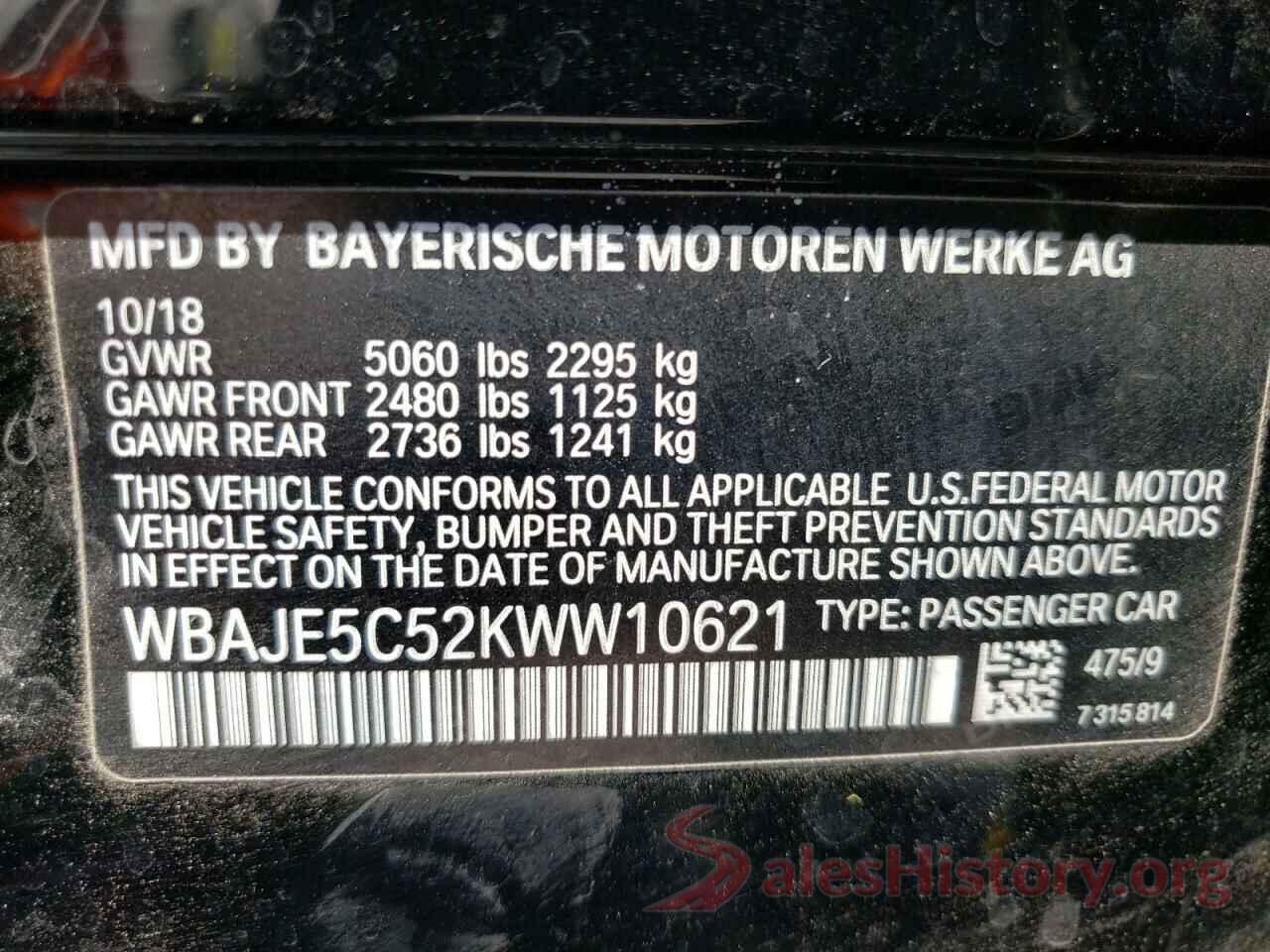 WBAJE5C52KWW10621 2019 BMW 5 SERIES