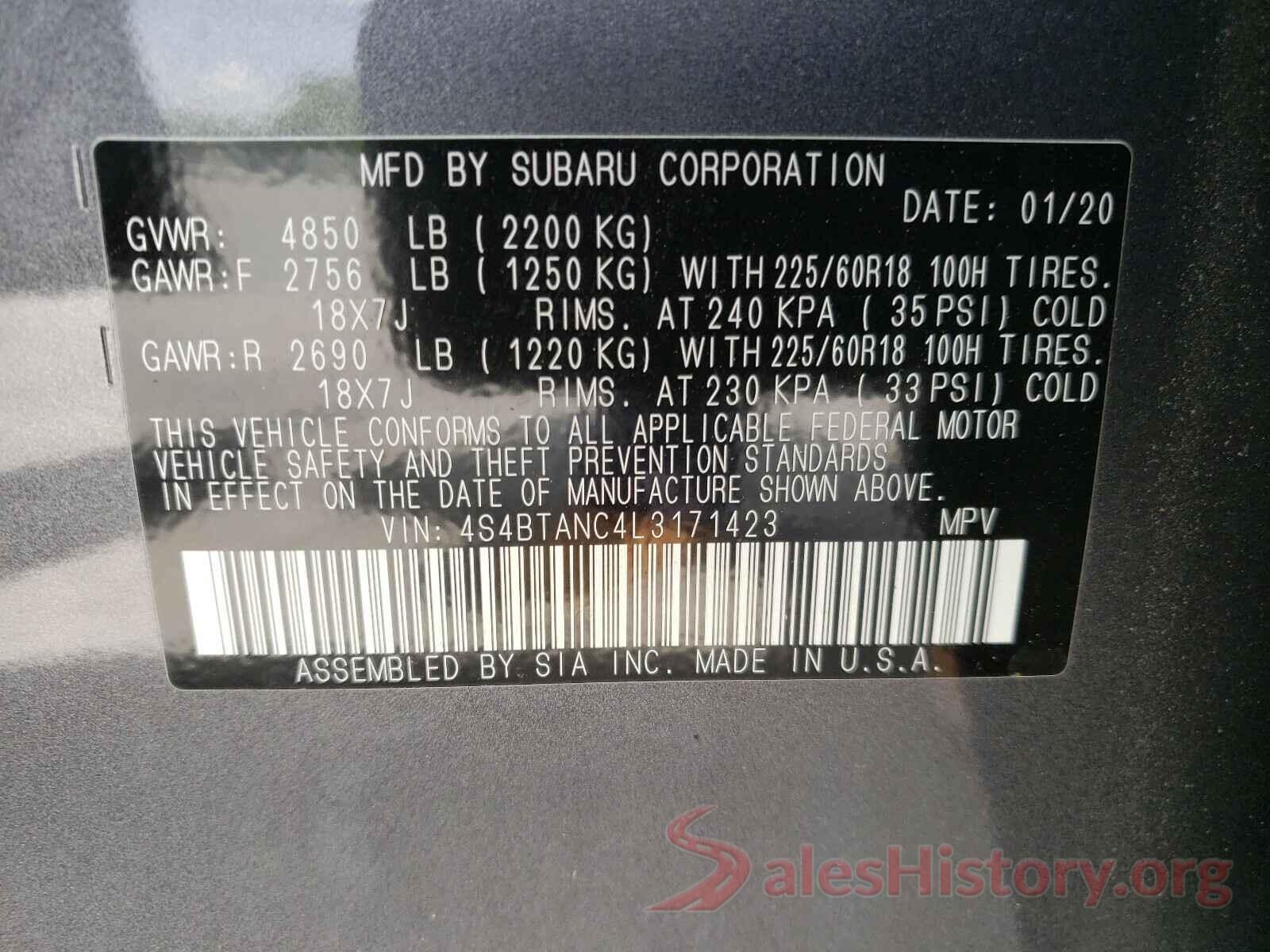 4S4BTANC4L3171423 2020 SUBARU OUTBACK