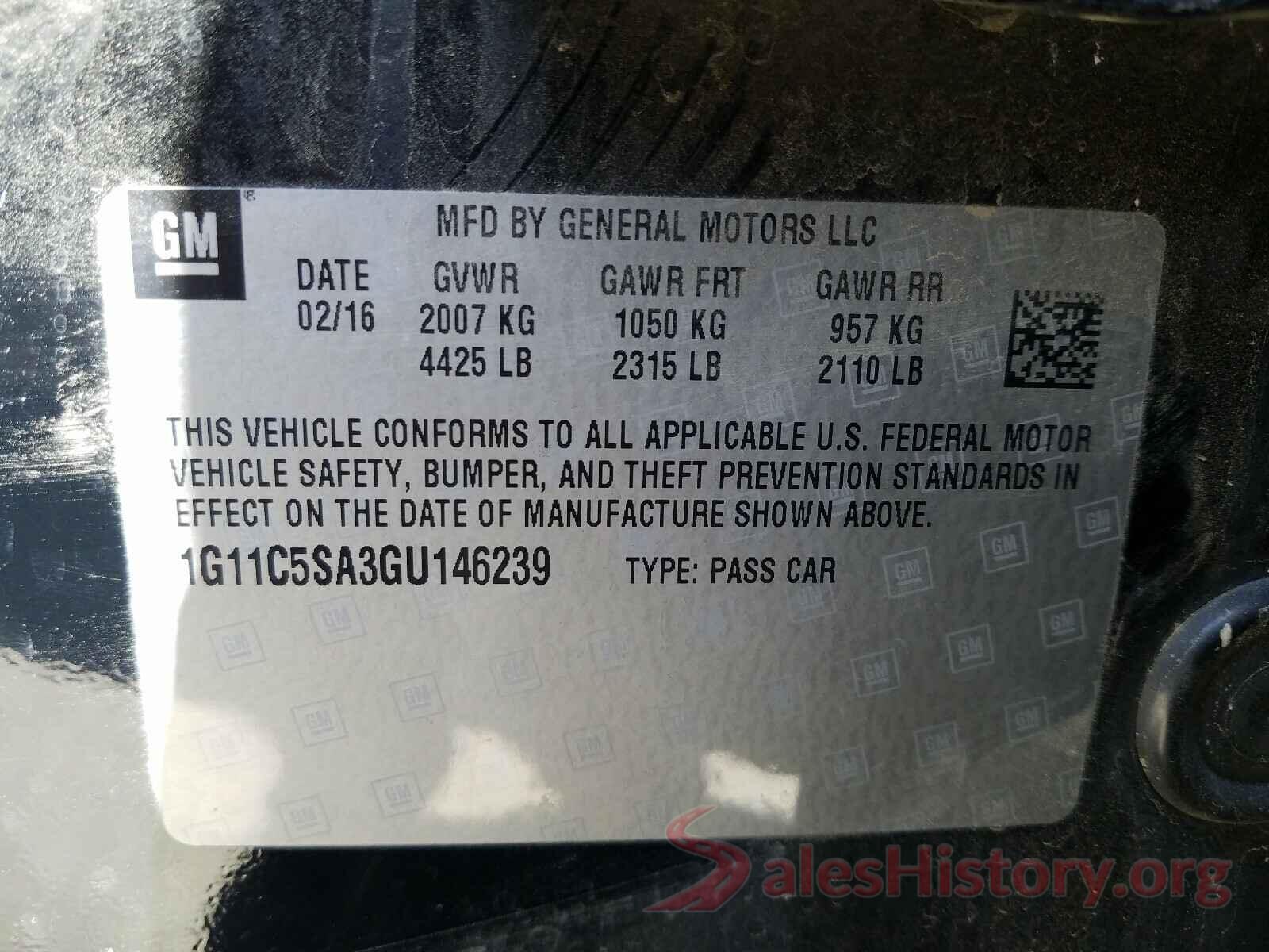 1G11C5SA3GU146239 2016 CHEVROLET MALIBU