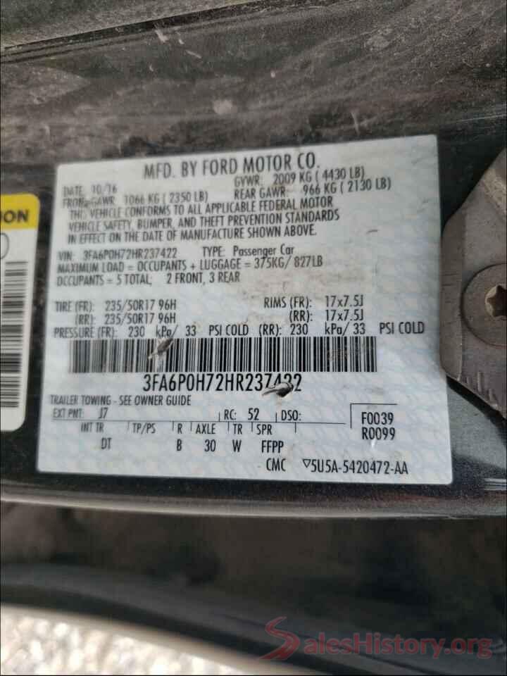 3FA6P0H72HR237422 2017 FORD FUSION