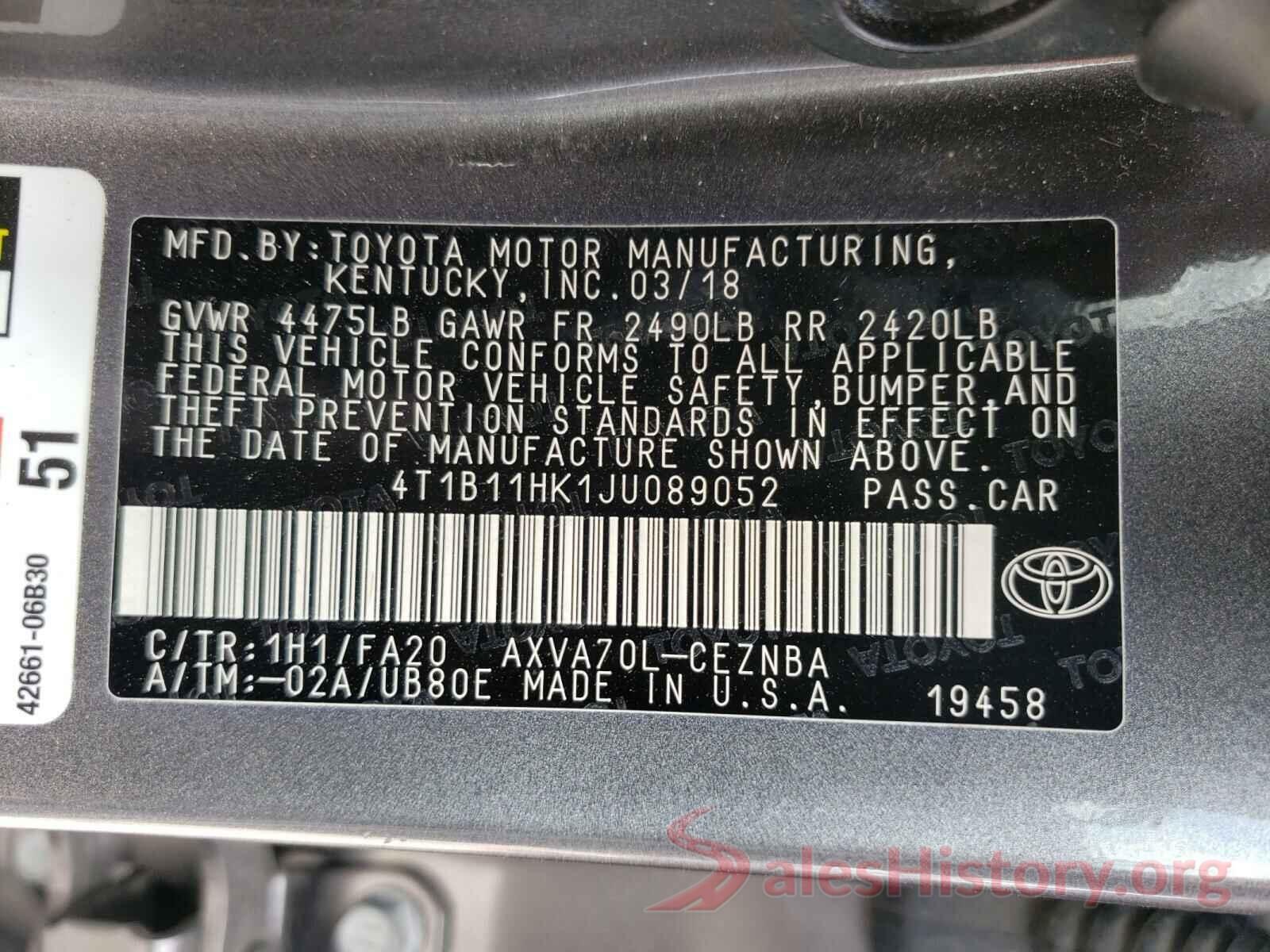 4T1B11HK1JU089052 2018 TOYOTA CAMRY