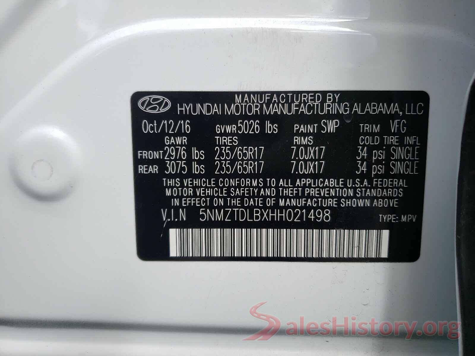 5NMZTDLBXHH021498 2017 HYUNDAI SANTA FE