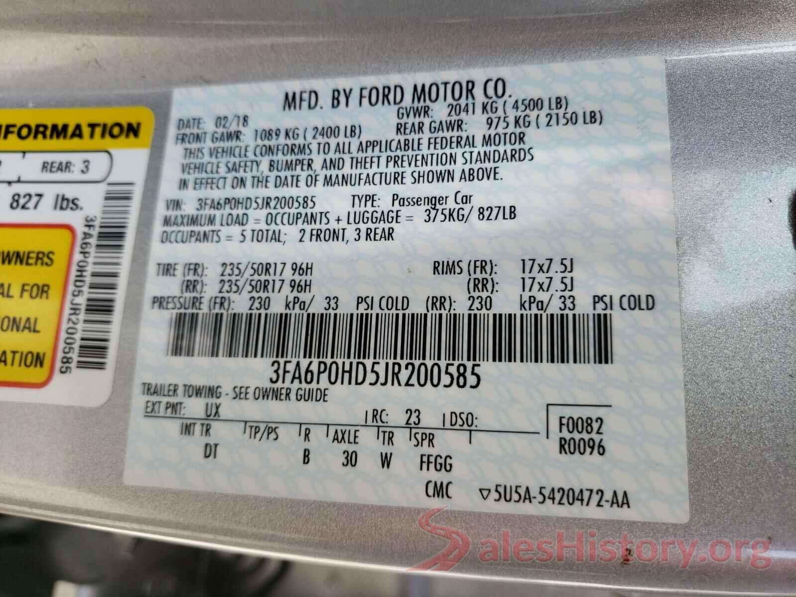 3FA6P0HD5JR200585 2018 FORD FUSION