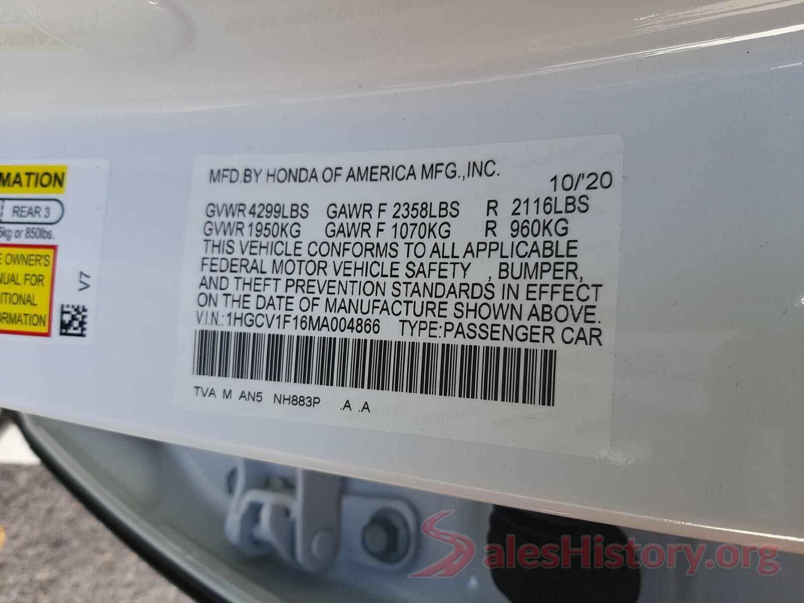 1HGCV1F16MA004866 2021 HONDA ACCORD