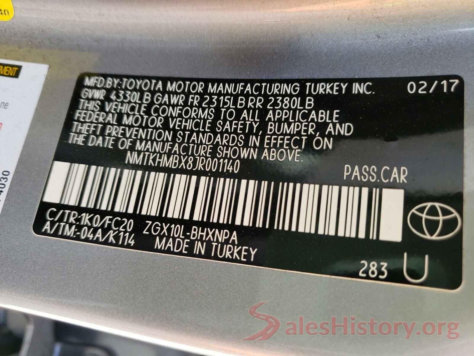 NMTKHMBX8JR001140 2018 TOYOTA C-HR