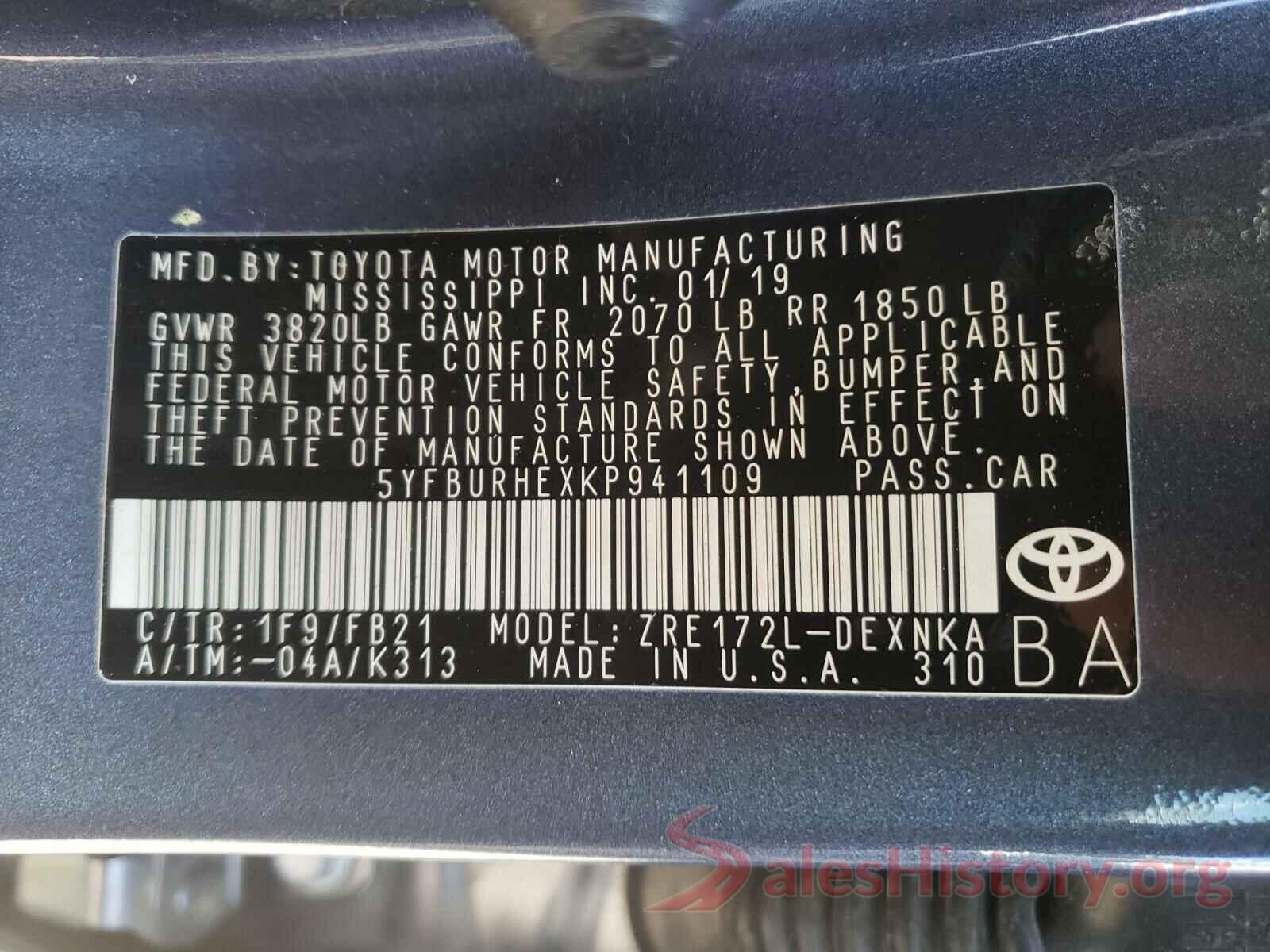 5YFBURHEXKP941109 2019 TOYOTA COROLLA