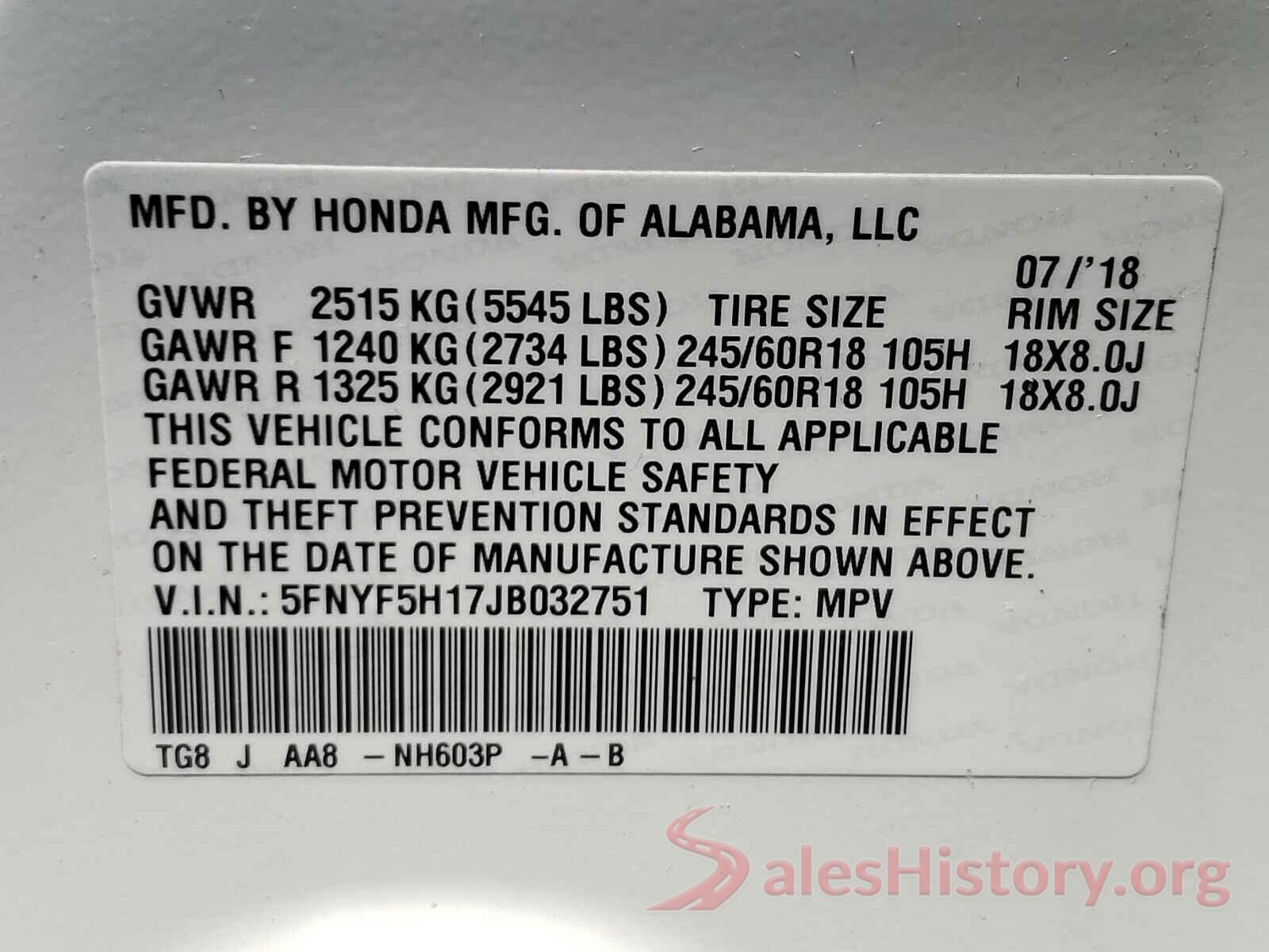 5FNYF5H17JB032751 2018 HONDA PILOT