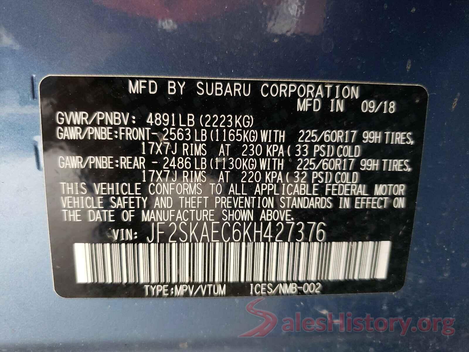 JF2SKAEC6KH427376 2019 SUBARU FORESTER