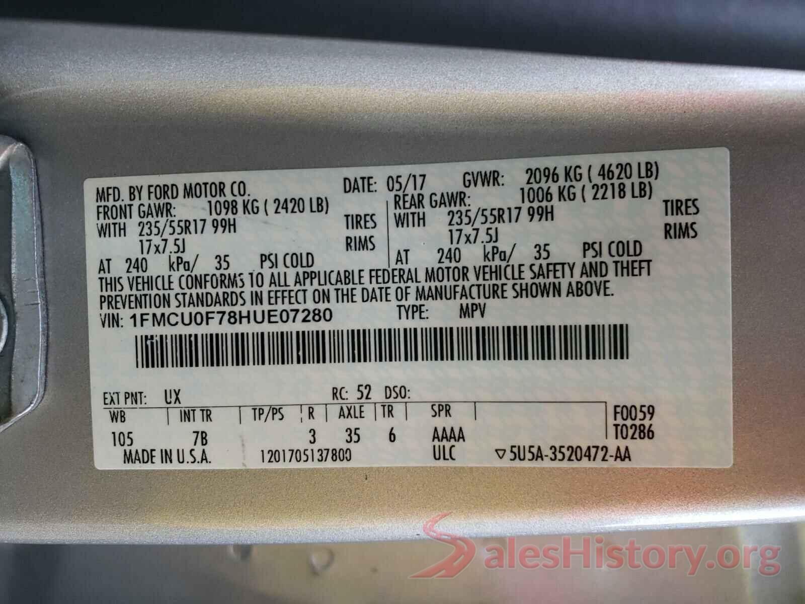 1FMCU0F78HUE07280 2017 FORD ESCAPE