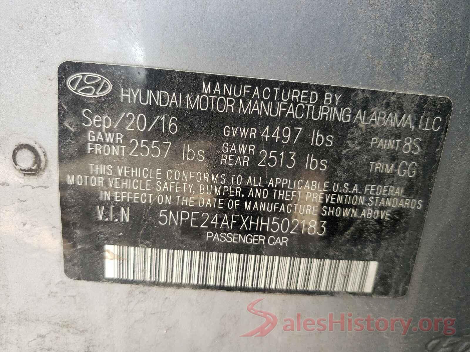 5NPE24AFXHH502183 2017 HYUNDAI SONATA