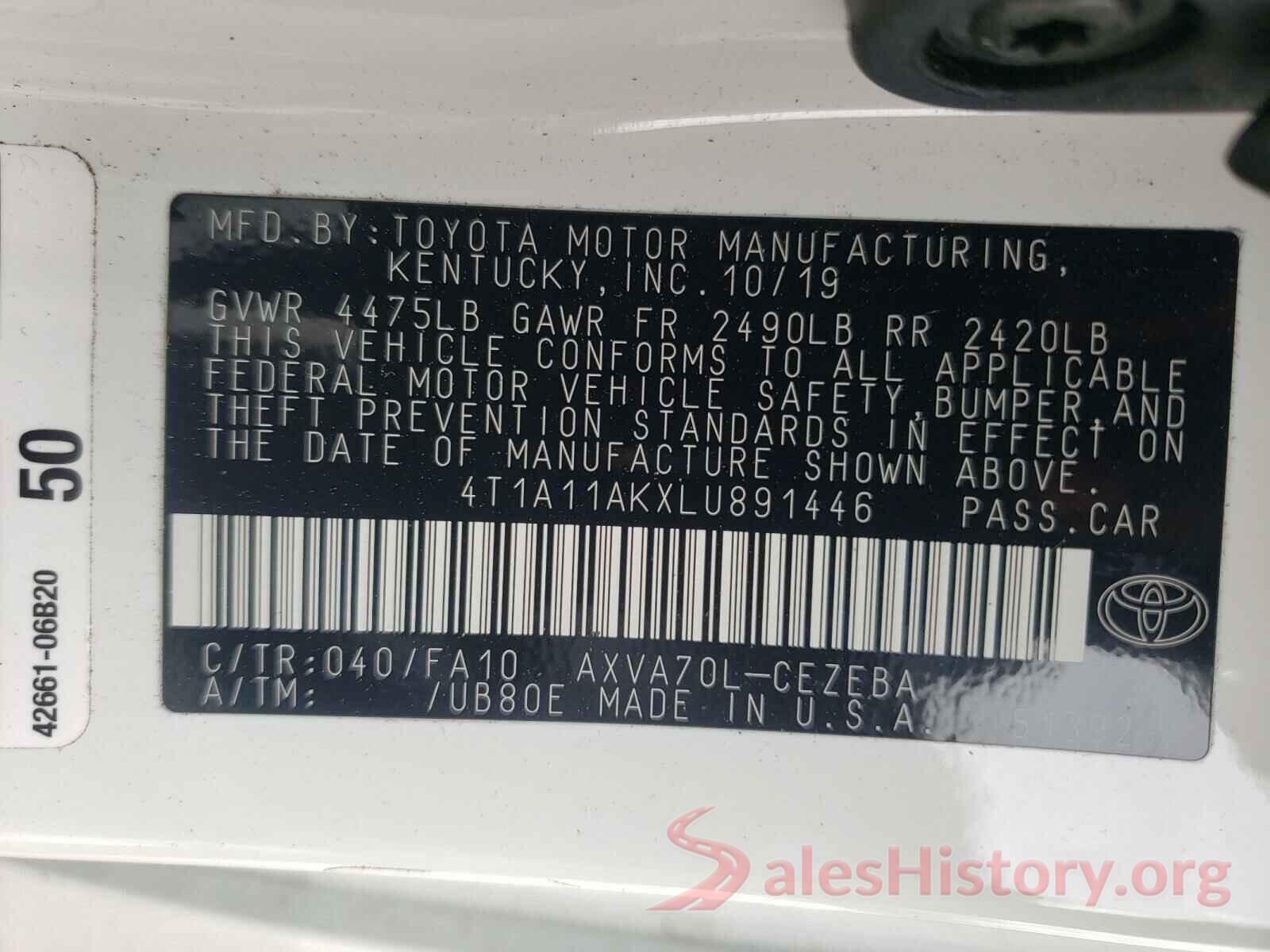 4T1A11AKXLU891446 2020 TOYOTA CAMRY