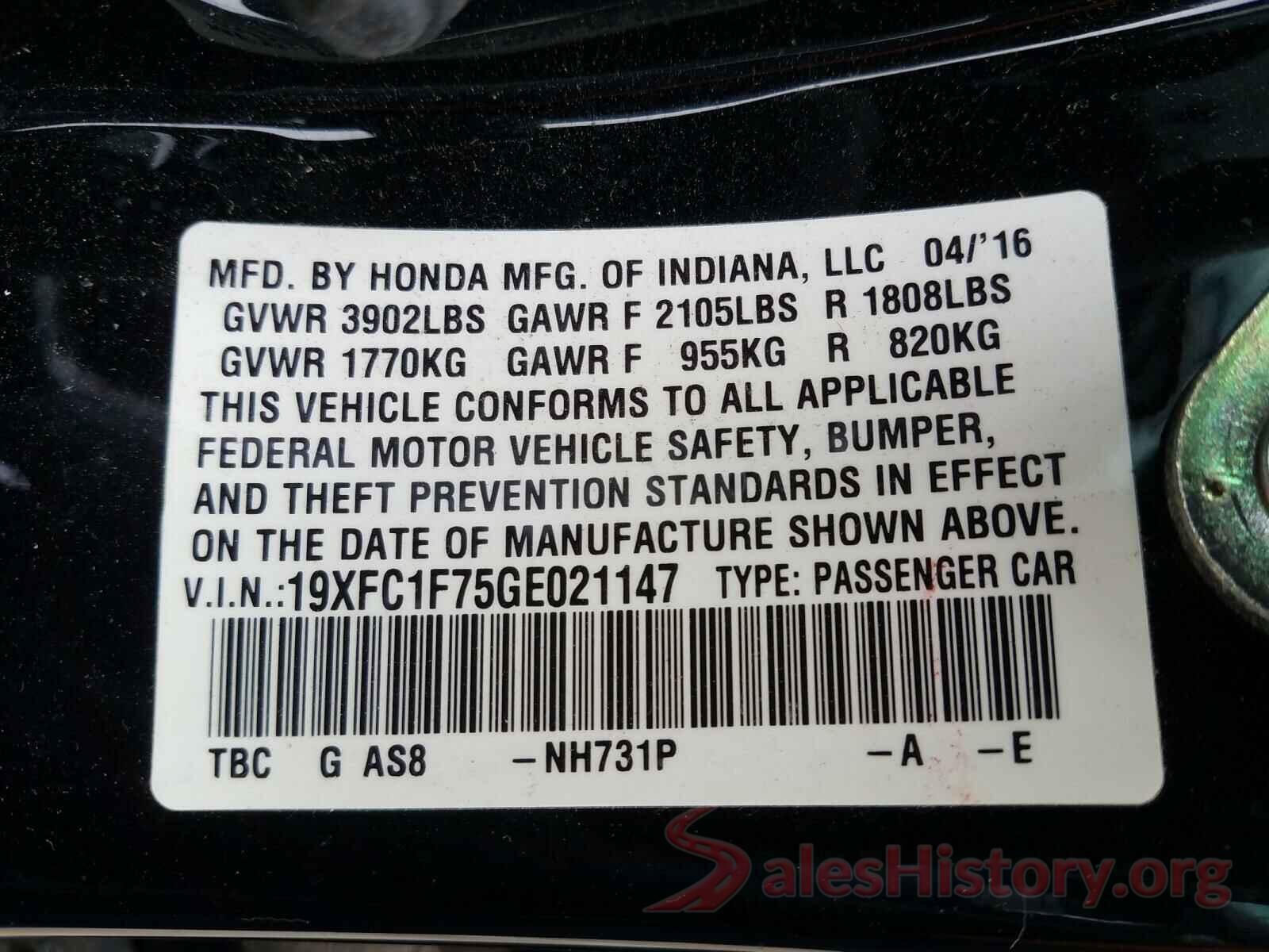 19XFC1F75GE021147 2016 HONDA CIVIC