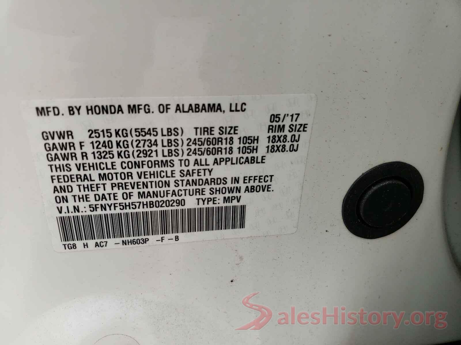 5FNYF5H57HB020290 2017 HONDA PILOT