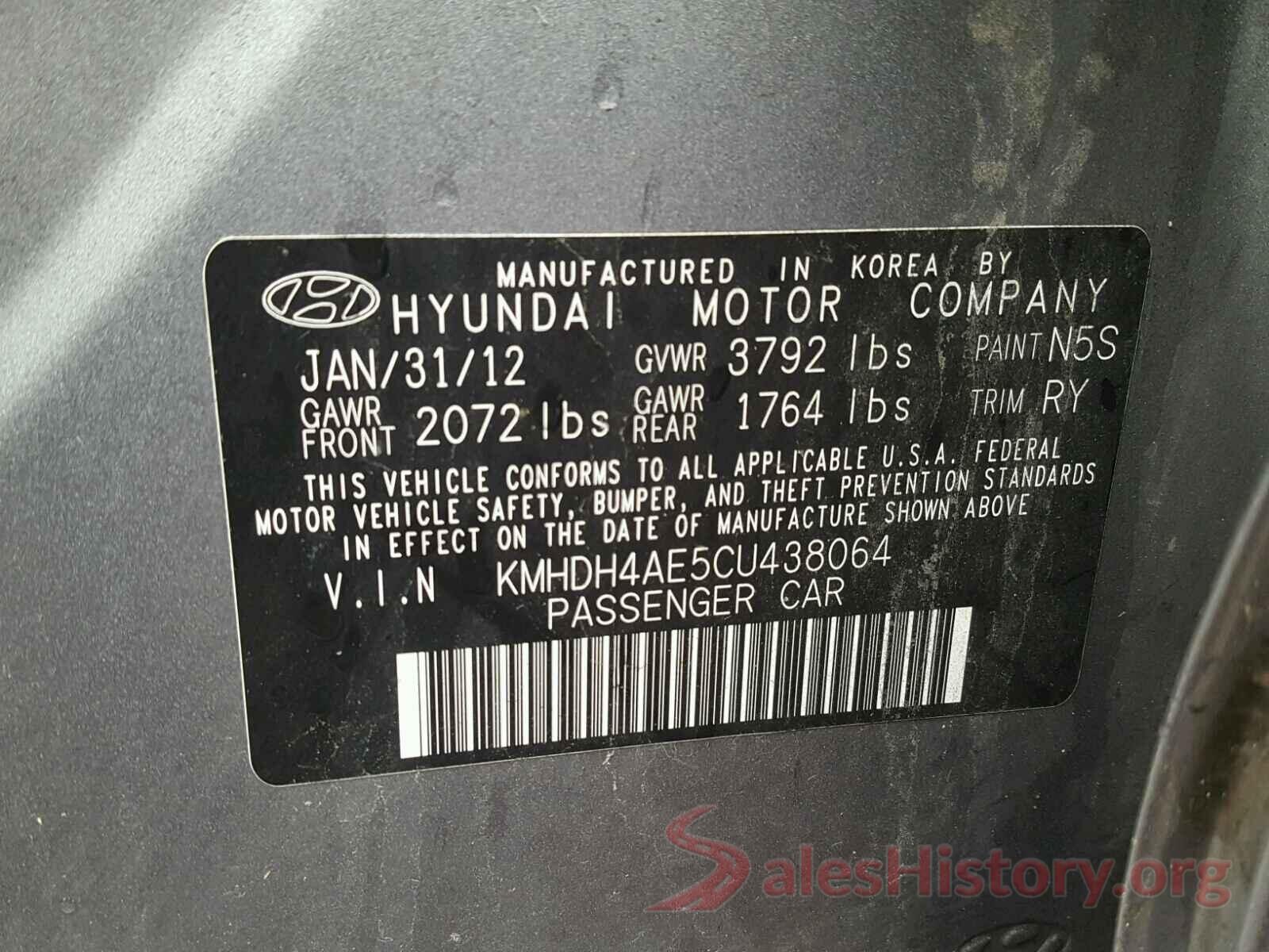 KMHDH4AE5CU438064 2012 HYUNDAI ELANTRA