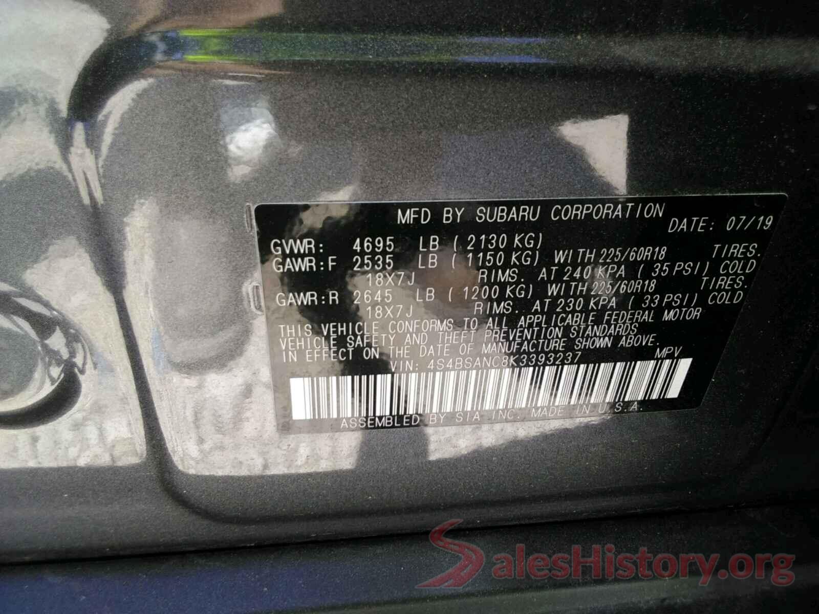 4S4BSANC8K3393237 2019 SUBARU OUTBACK