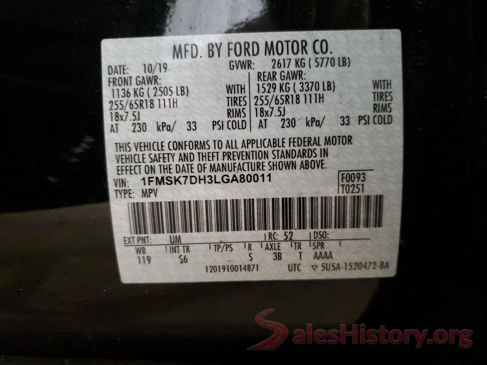 1FMSK7DH3LGA80011 2020 FORD EXPLORER