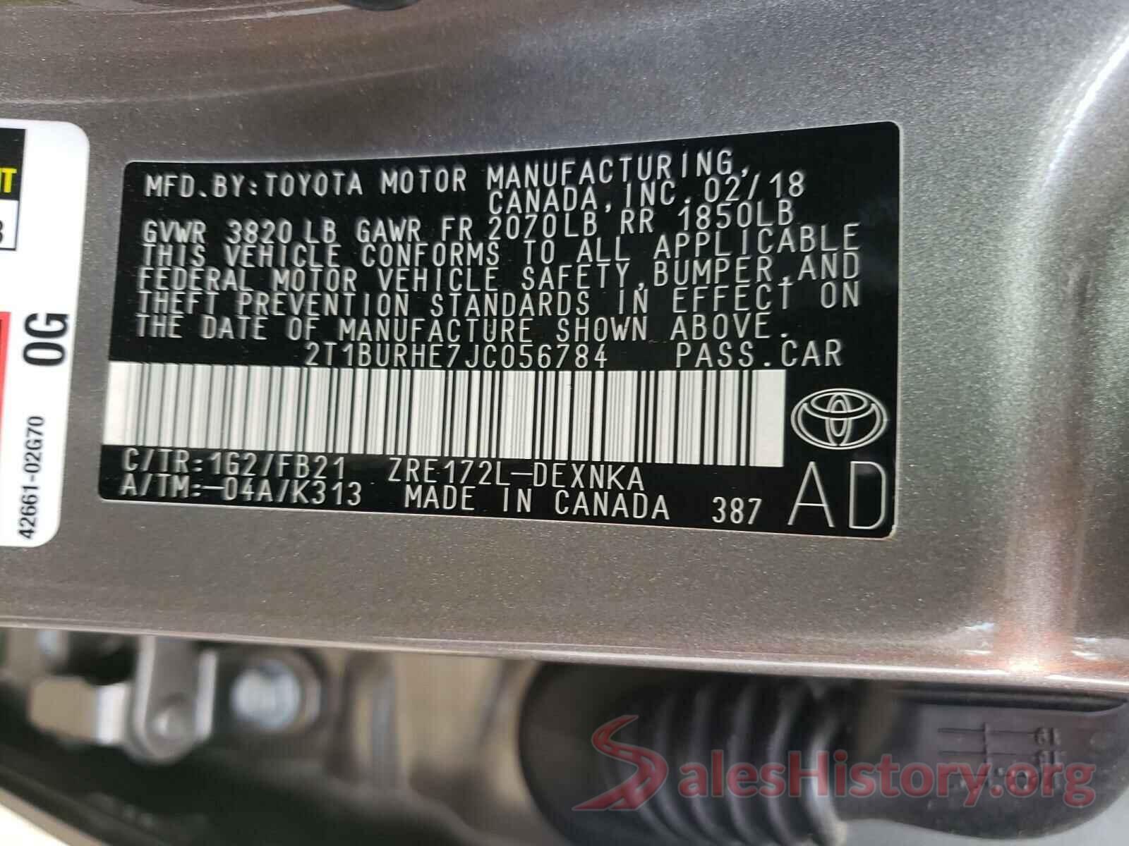 2T1BURHE7JC056784 2018 TOYOTA COROLLA