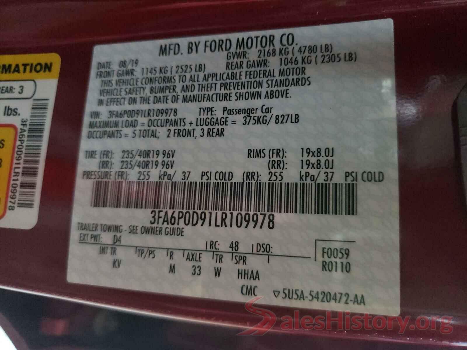 3FA6P0D91LR109978 2020 FORD FUSION